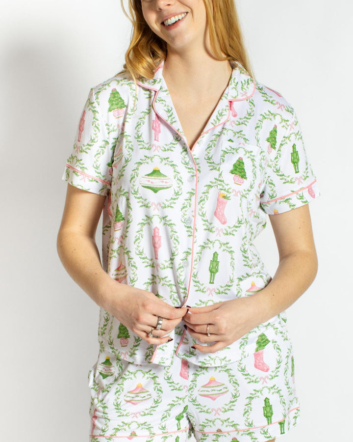 The Royal Standard Nutcracker Trellis Short Sleeve Button Up Sleep Shirt | White &amp; Pink &amp; Green