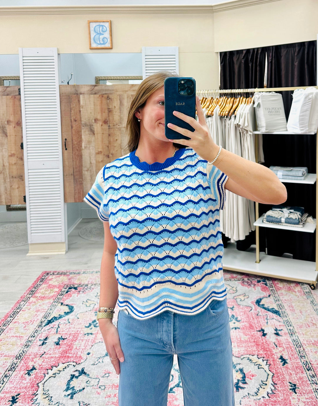 THML Blue Short Sleeve Striped Pattern Knit Top