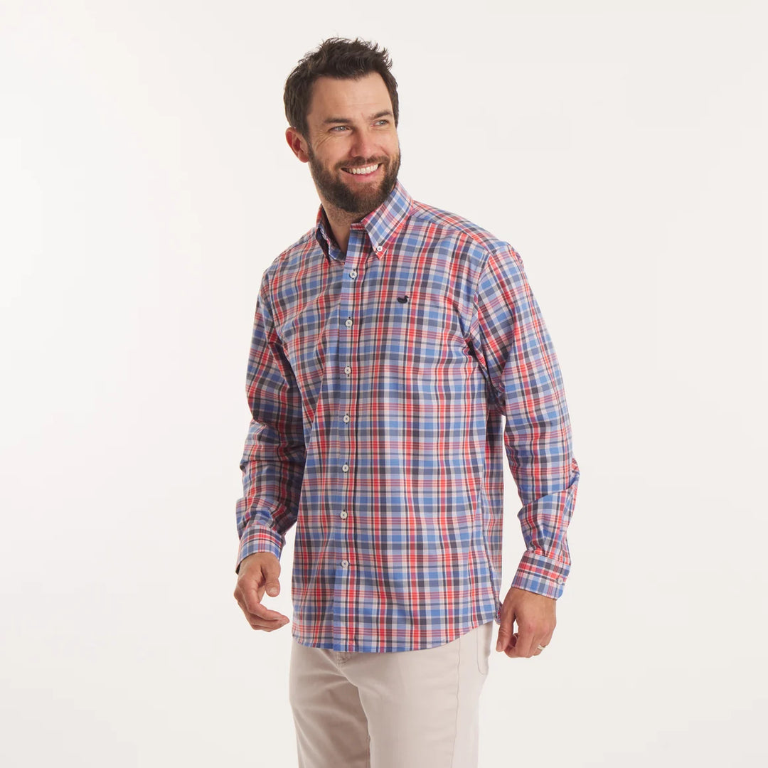 Franklin Plaid Performance Dress Shirt | Navy/Red