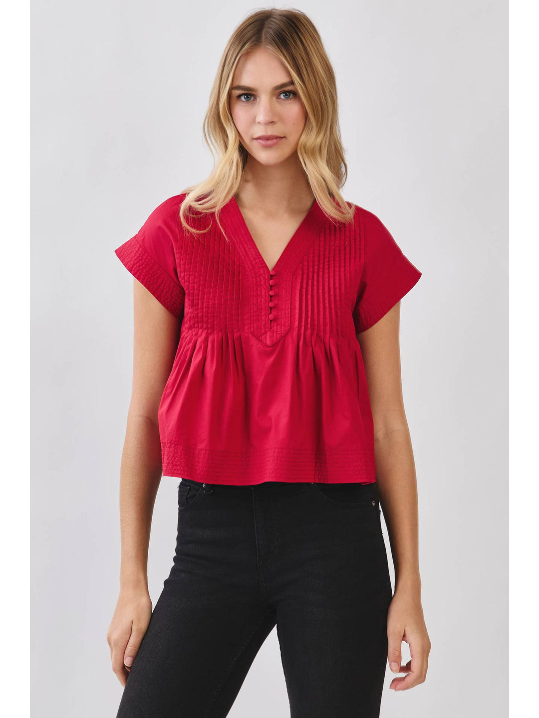 TCEC Pintuck Pleated Detail Poplin Top | Crimson