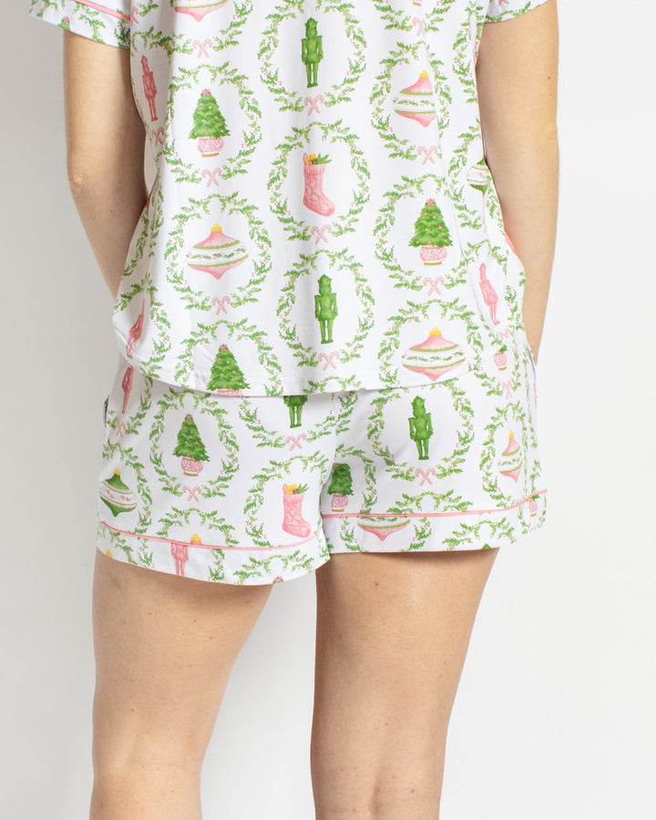 Nutcracker Trellis Sleep Shorts | White &amp; Pink &amp; Green