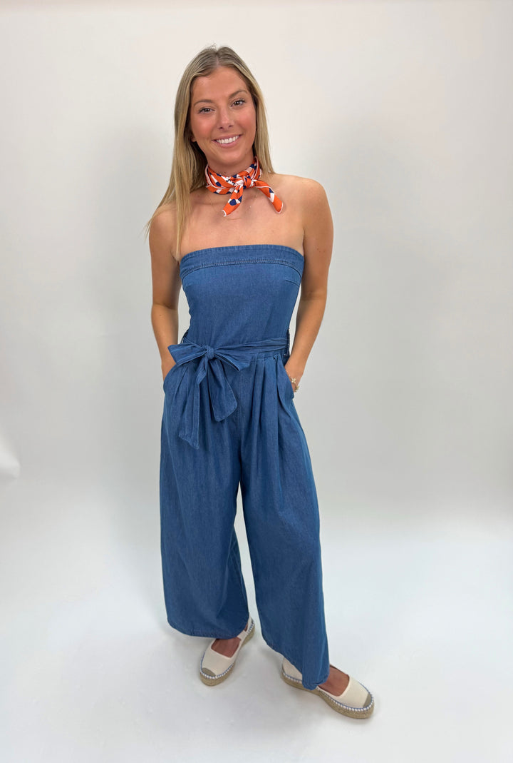 Strapless Smock Back Romper w/ Tie Belt