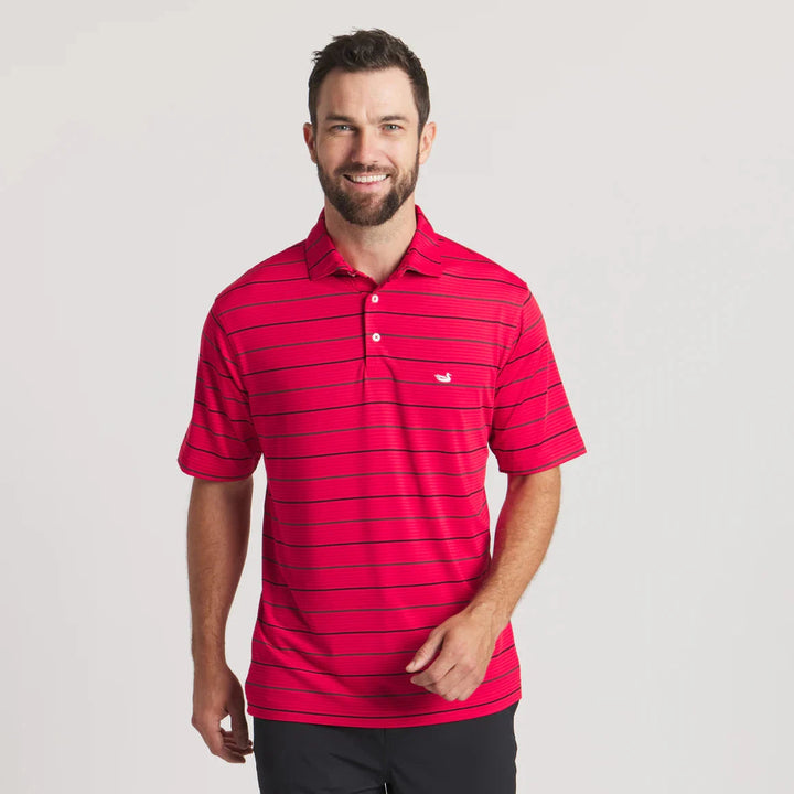 Southern Marsh Gridiron Stripe Performance Polo- Red and Charcoal