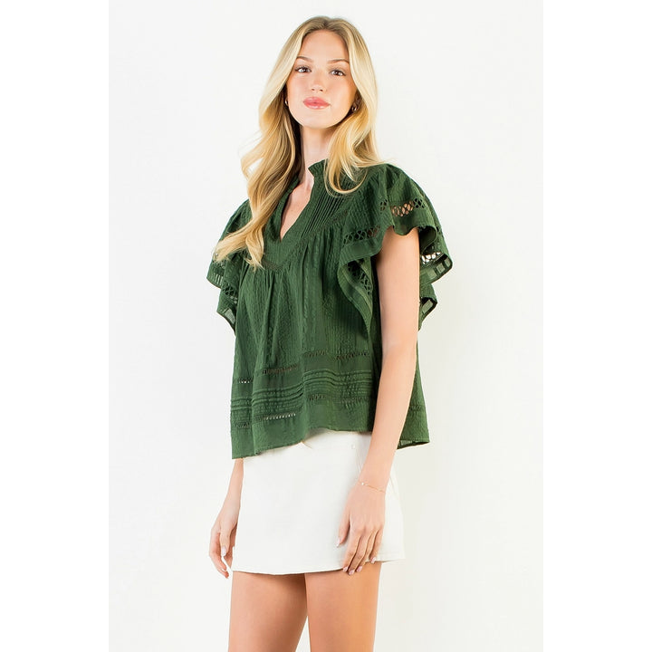 V Neck Fluttered Cut Out Top | Dark Green