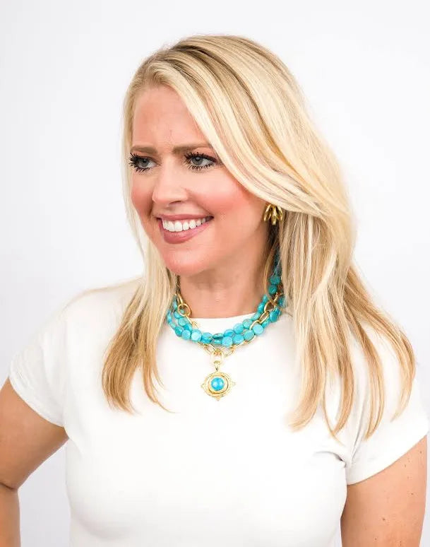 Hand Cast Gold Cab with Turquoise Three Strand Necklace