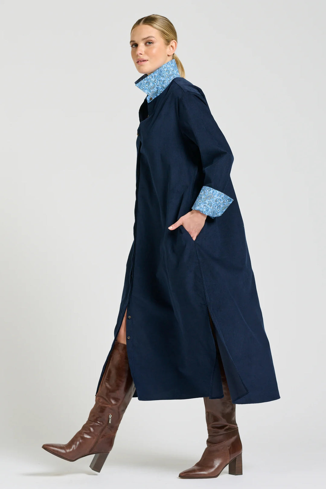 Amelie Long Line Shirt Dress | French Navy Pincord