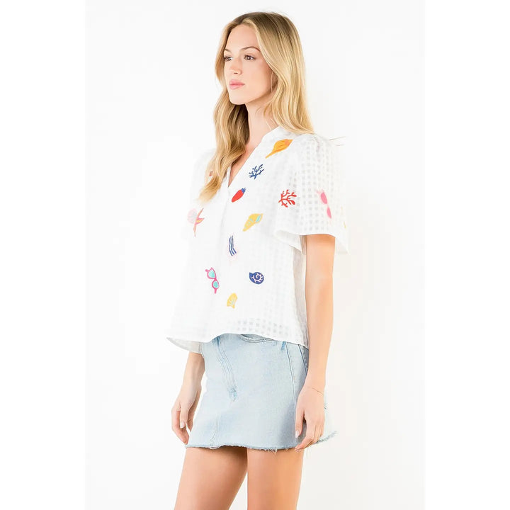 Short Sleeve Embroidery Detail Top | White Summer Print
