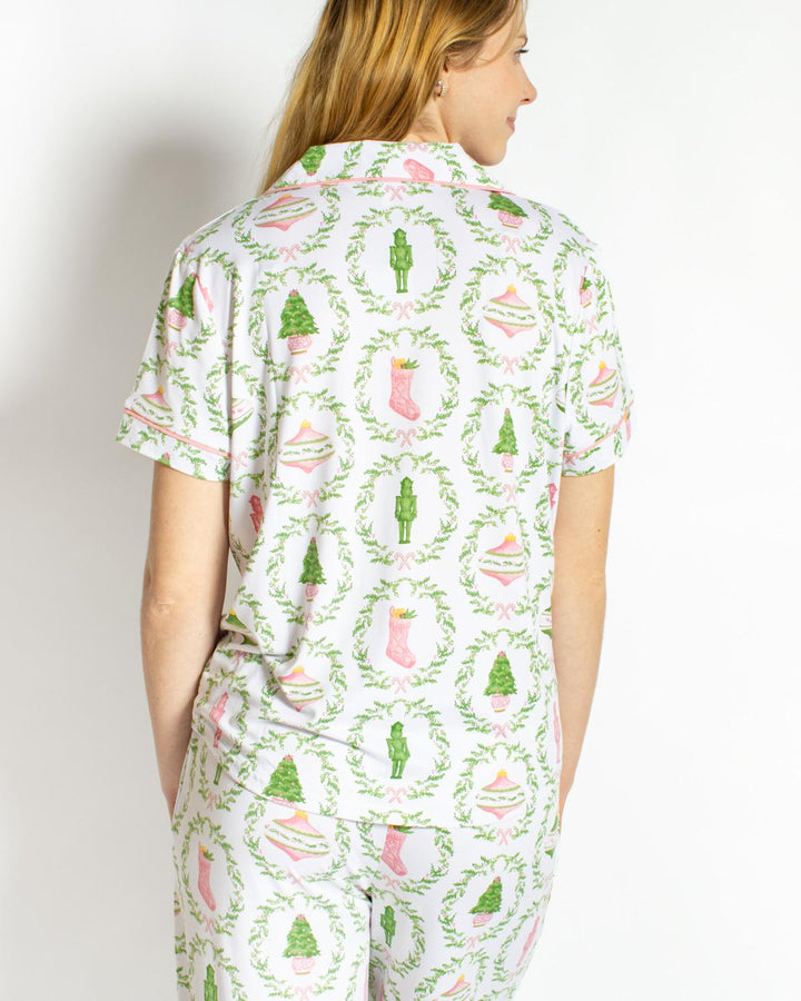 Nutcracker Trellis Short Sleeve Button Up Sleep Shirt | White &amp; Pink &amp; Green