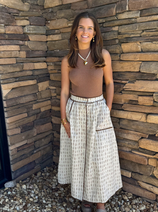 Floral Midi Skirt w/ Trim Ivory