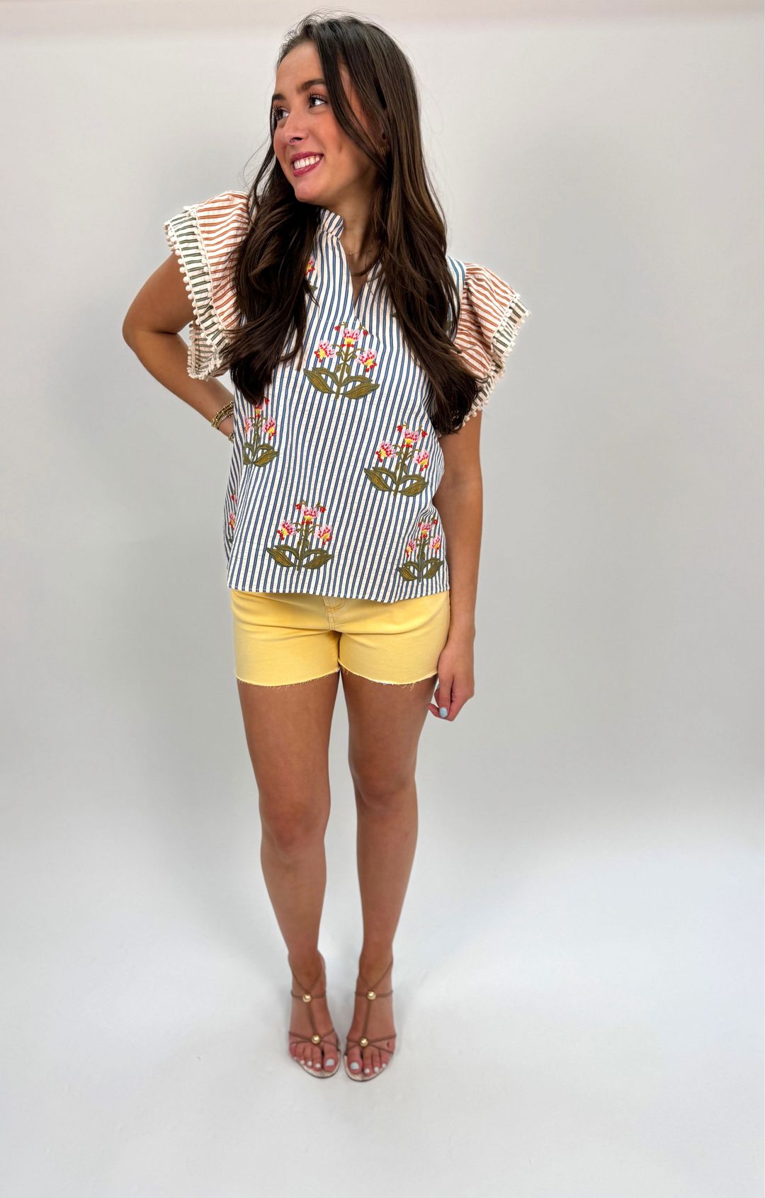 Flutter Sleeve Embroidered Striped Top