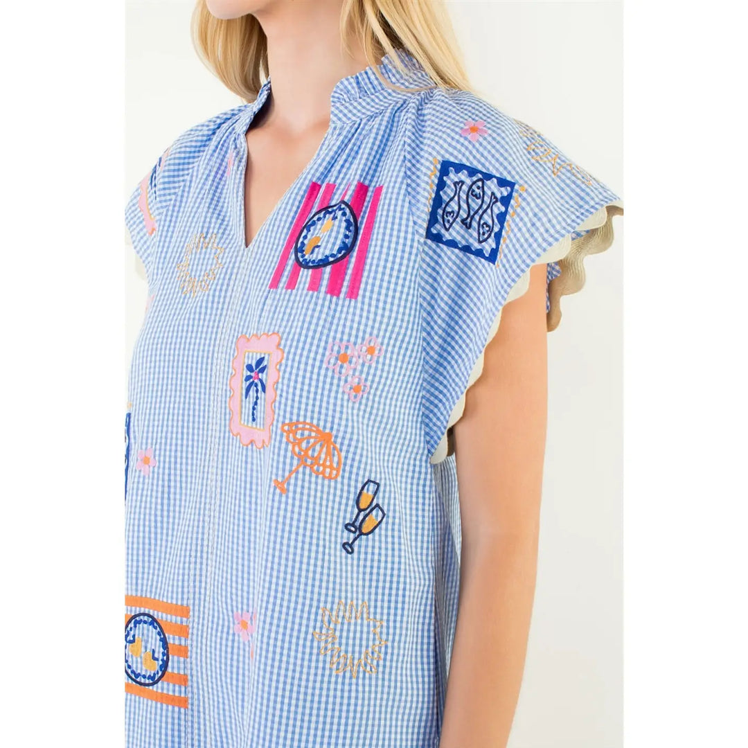 Short Sleeve Embroidery Detail Gingham Dress