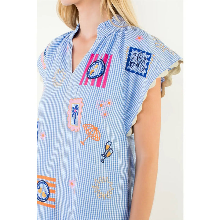 Short Sleeve Embroidery Detail Gingham Dress