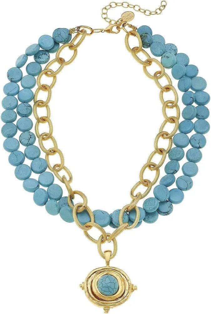 Hand Cast Gold Cab with Turquoise Three Strand Necklace