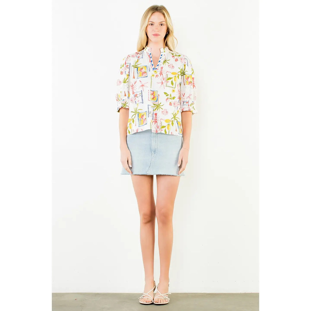 Short Sleeve Multi-Patterned Print Top | White Summer Print