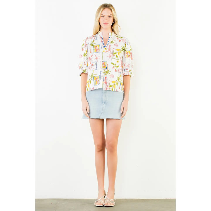 Short Sleeve Multi-Patterned Print Top | White Summer Print