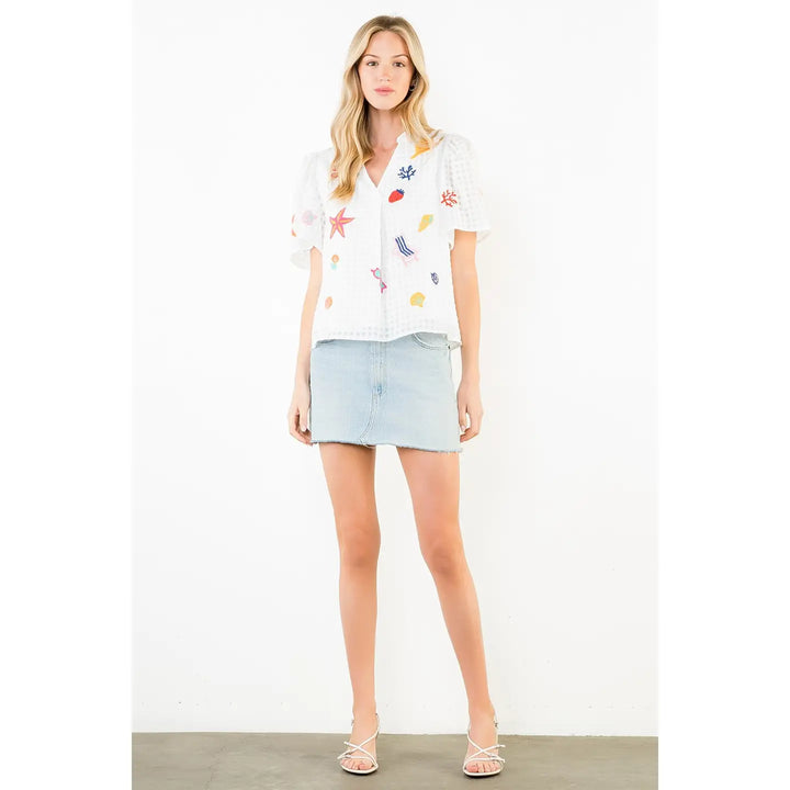 Short Sleeve Embroidery Detail Top | White Summer Print