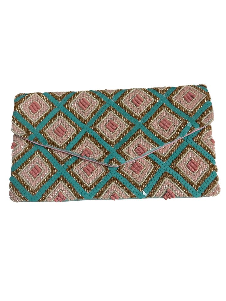 Coral/ Turquoise Diamond Beaded Bag