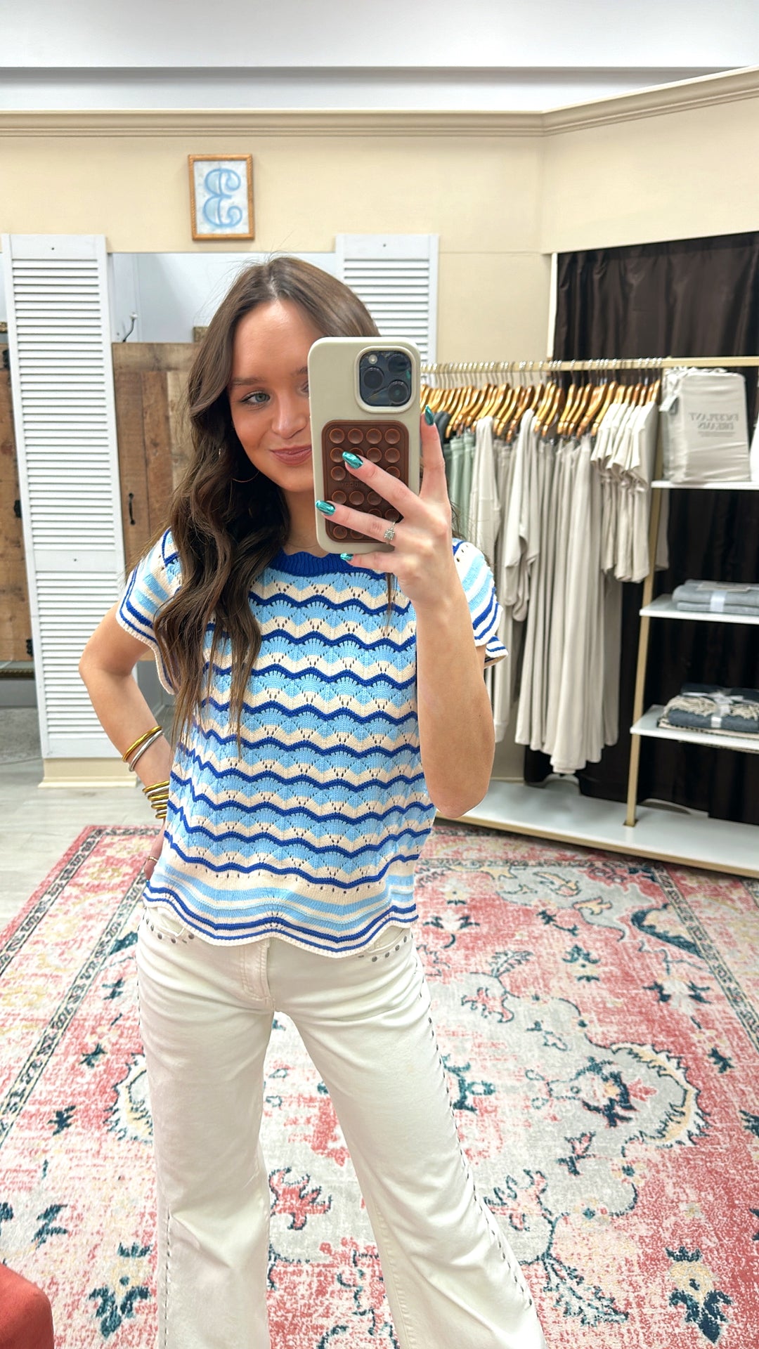 Blue Short Sleeve Striped Pattern Knit Top