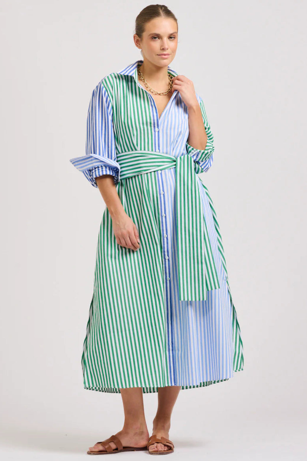 Shirty The Luna Over sized  Long Shirtdress | Blue and Green Stripe