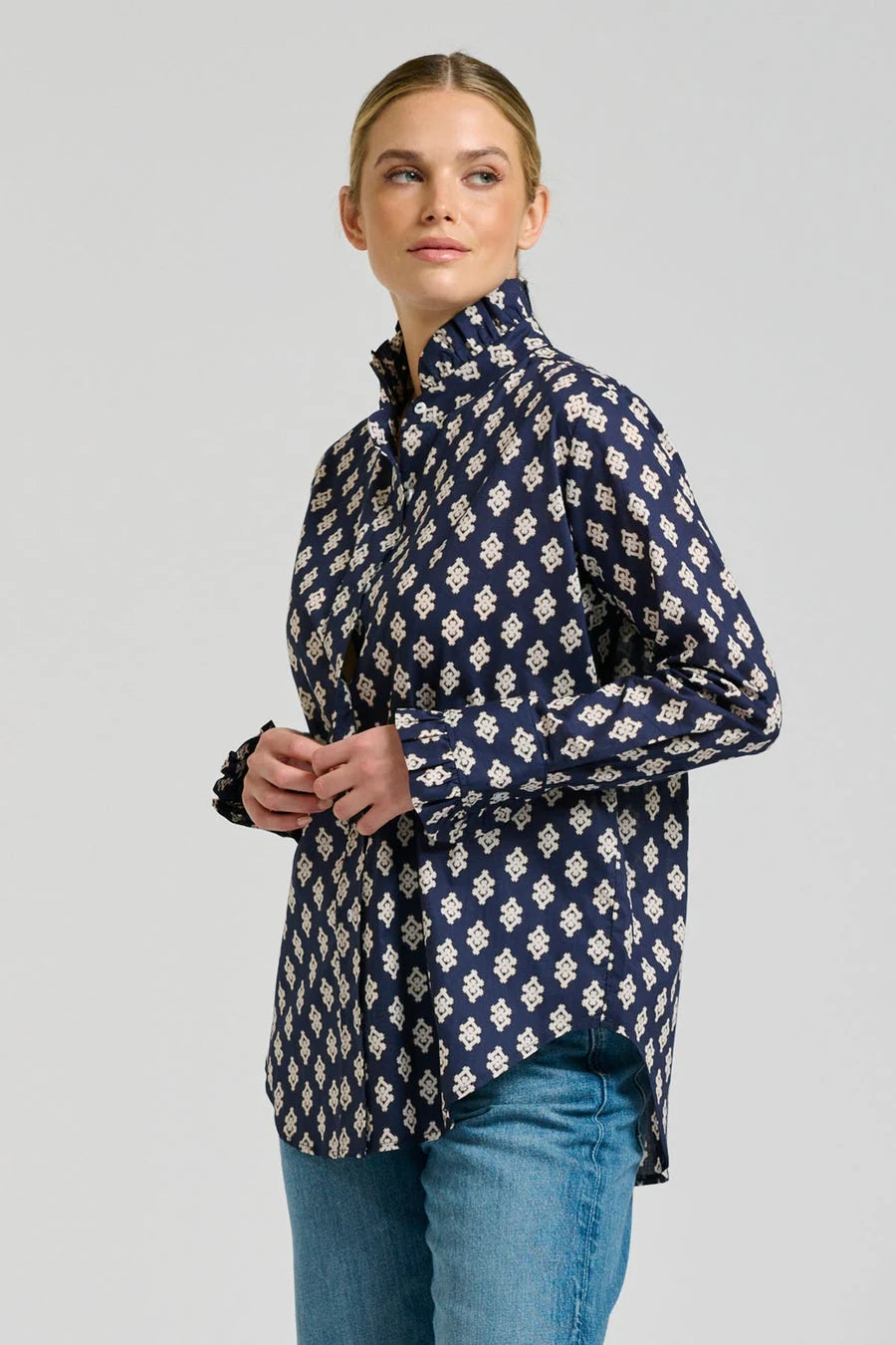 Olivia Classic Frill Collar Shirt | Navy Double Diamond