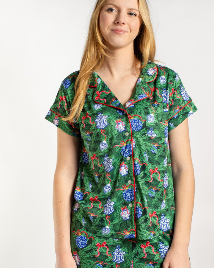 Spruce It Up Short Sleeve Button Up Sleep Shirt | Green &amp; Multi