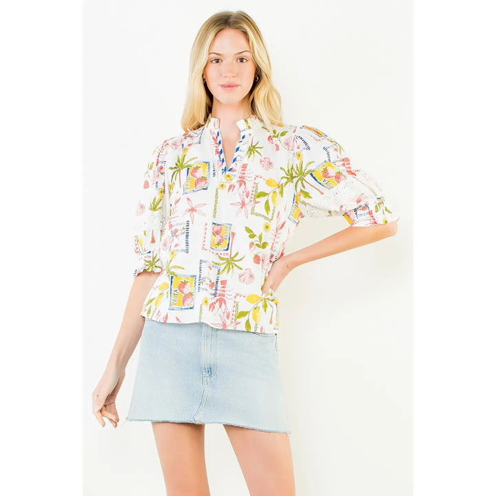 Short Sleeve Multi-Patterned Print Top | White Summer Print