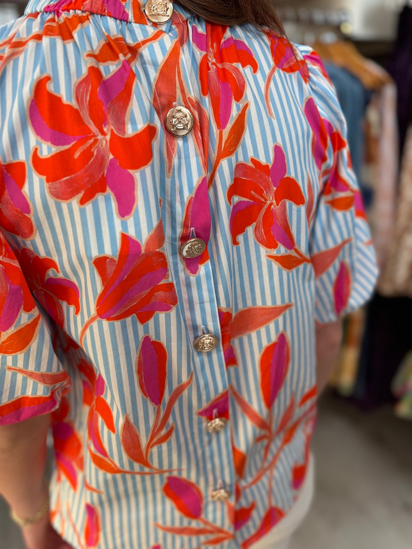 Puff Sleeve Floral Striped Top