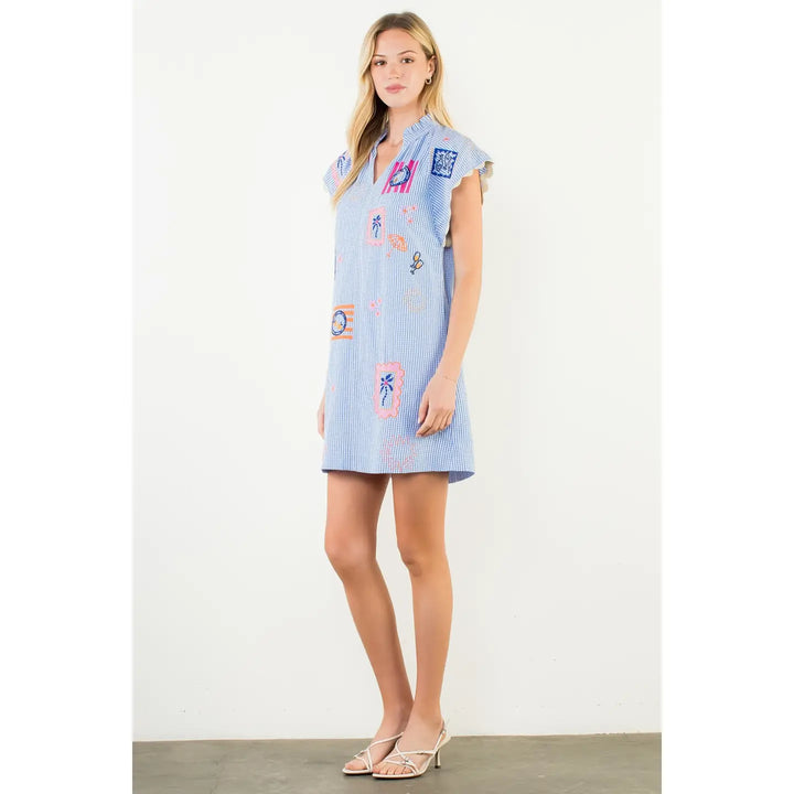 Short Sleeve Embroidery Detail Gingham Dress