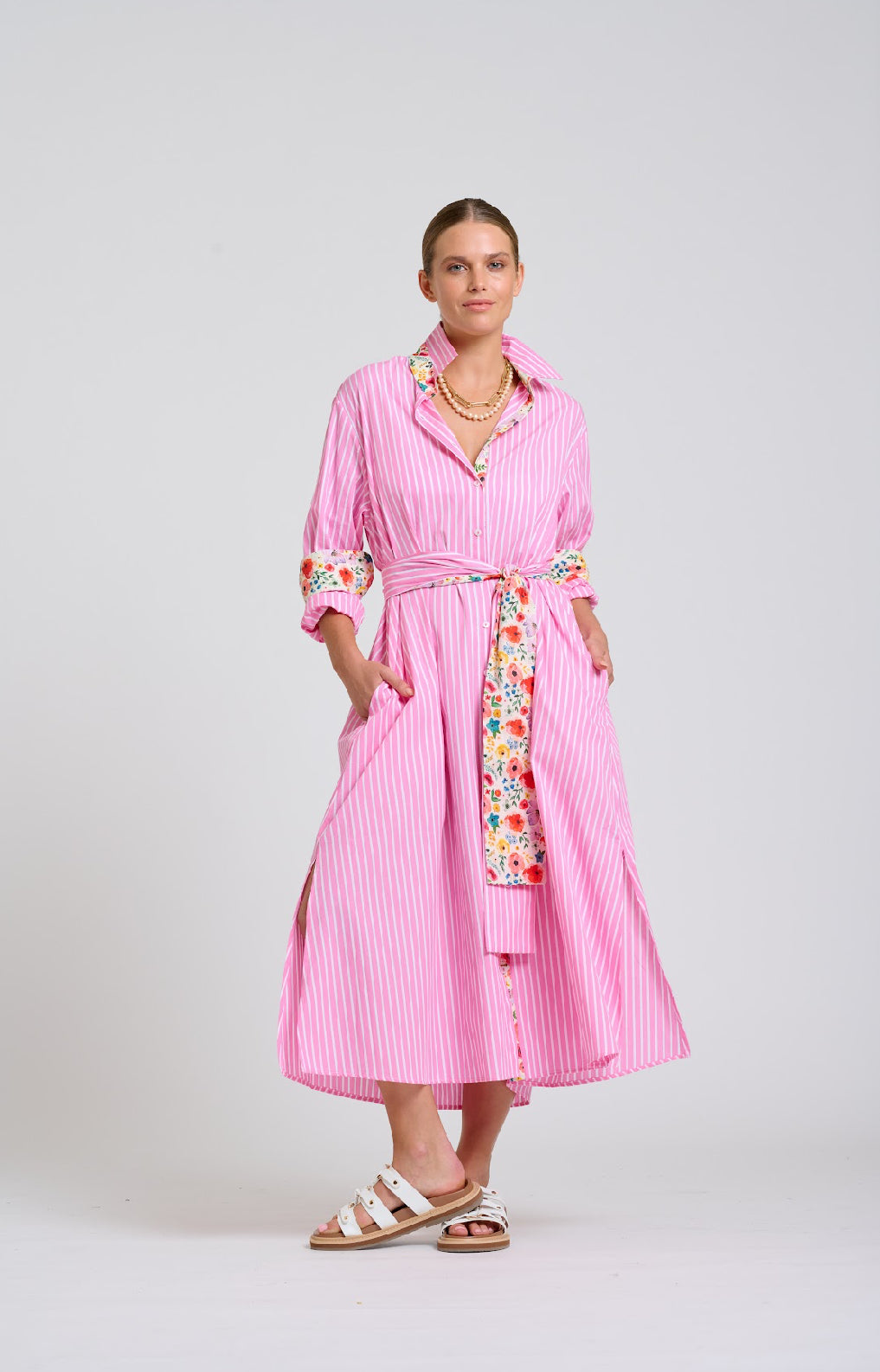 Luna Longline Dress | Pink Stripe Floral Trim