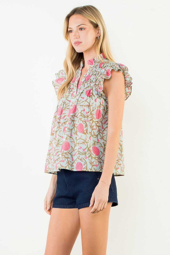 THML Flutter Sleeve Floral Detail Button Up Top | Mint and Pink