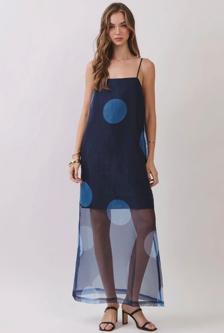 TCEC Polka Dot Sheer Overlay Maxi Dress | Navy