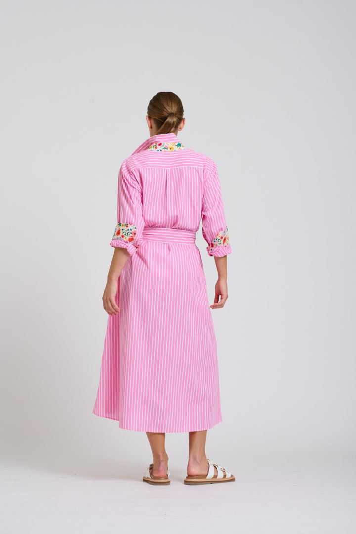 Luna Longline Dress | Pink Stripe Floral Trim