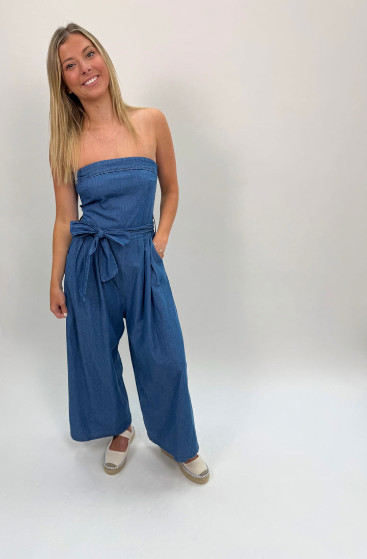 Strapless Smock Back Romper w/ Tie Belt