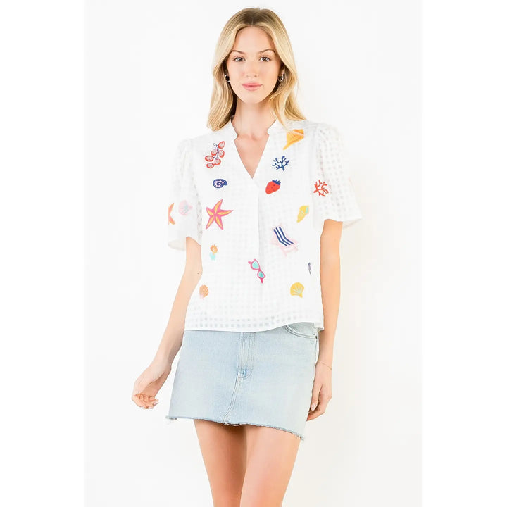 Short Sleeve Embroidery Detail Top | White Summer Print