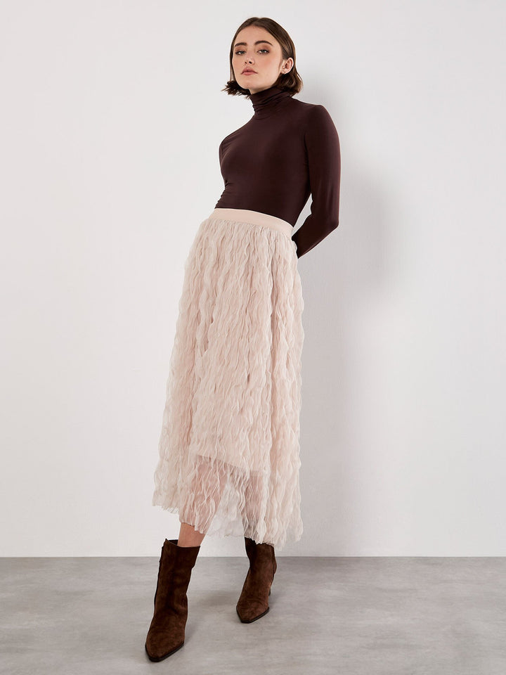 Apricot Wavy Tulle Midi Skirt