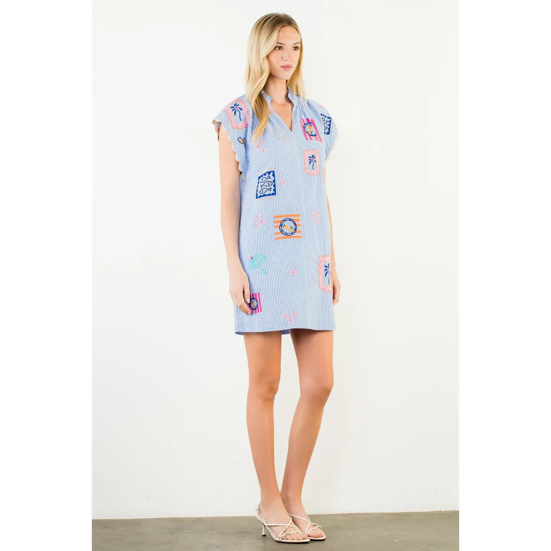 Short Sleeve Embroidery Detail Gingham Dress