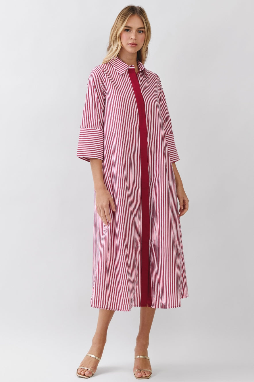 Stripe Collared Maxi Shirt Dress | Crimson