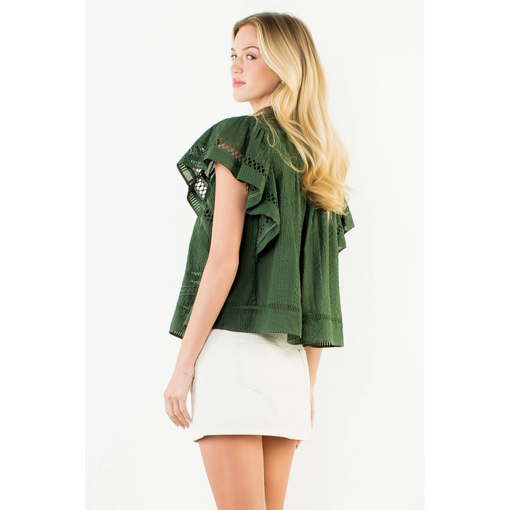 V Neck Fluttered Cut Out Top | Dark Green