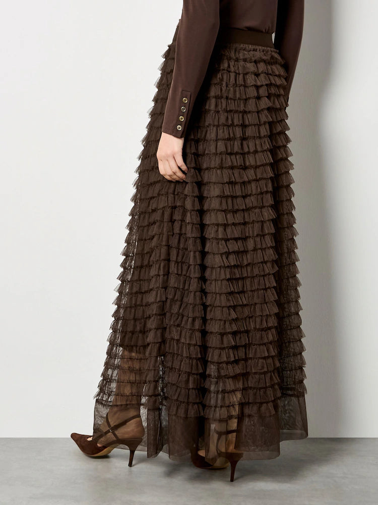 Multi Tiered Tulle Maxi Skirt | Brown
