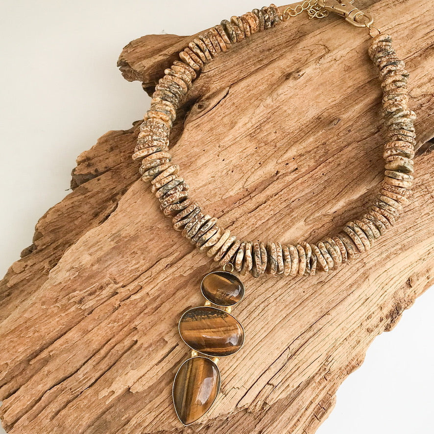 Triple Gemstone Pendant on Gemstone Heishi Necklace