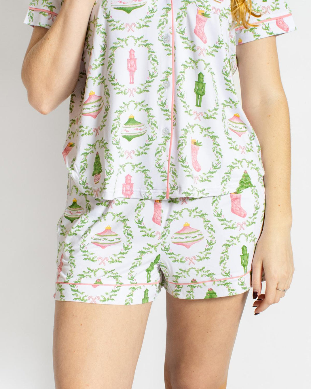 Nutcracker Trellis Sleep Shorts | White &amp; Pink &amp; Green