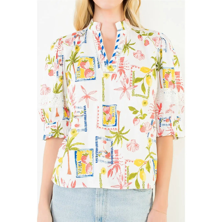 Short Sleeve Multi-Patterned Print Top | White Summer Print