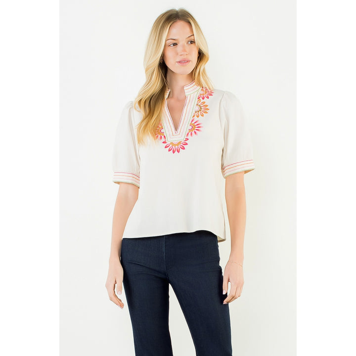 THML Puff Sleeve Floral Embroidery Top | Cream