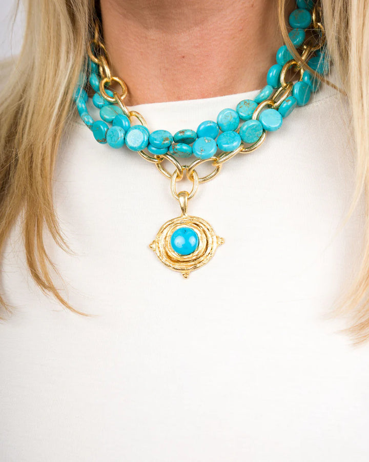 Hand Cast Gold Cab with Turquoise Three Strand Necklace