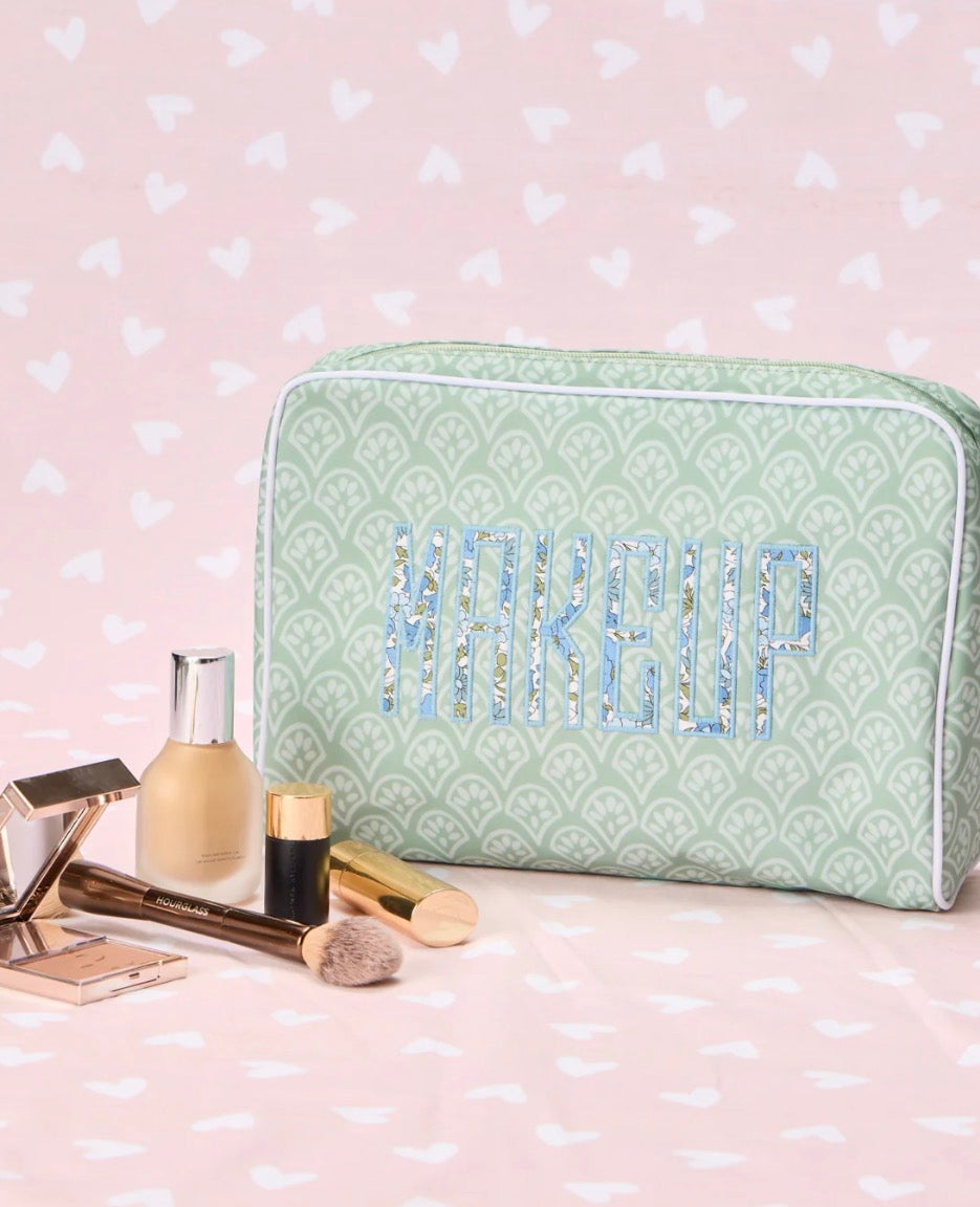 Large Patterned Toiletry Bag | Green Block Print