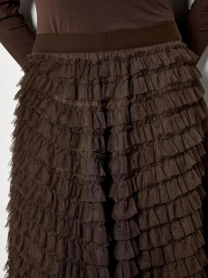 Multi Tiered Tulle Maxi Skirt | Brown