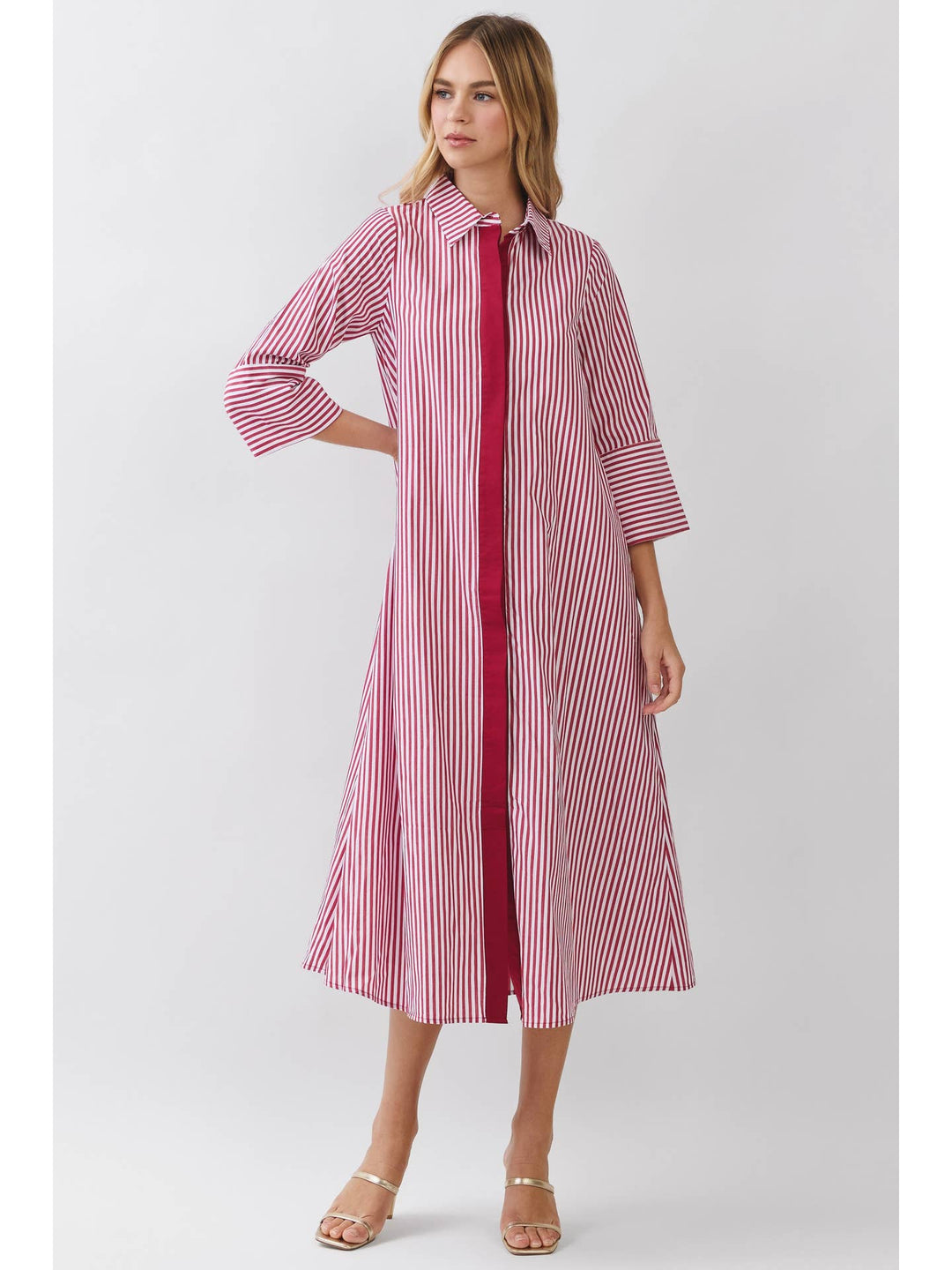 TCEC Stripe Collared Maxi Shirt Dress | Crimson