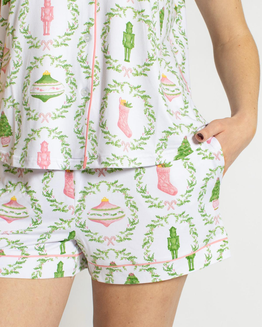 Nutcracker Trellis Sleep Shorts | White &amp; Pink &amp; Green