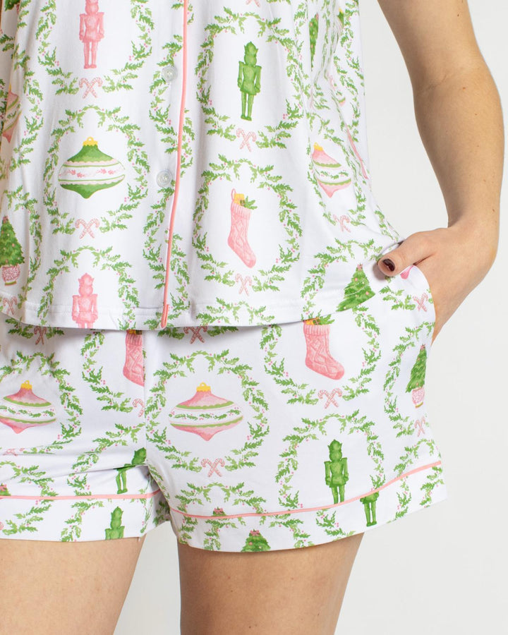 Nutcracker Trellis Sleep Shorts | White &amp; Pink &amp; Green