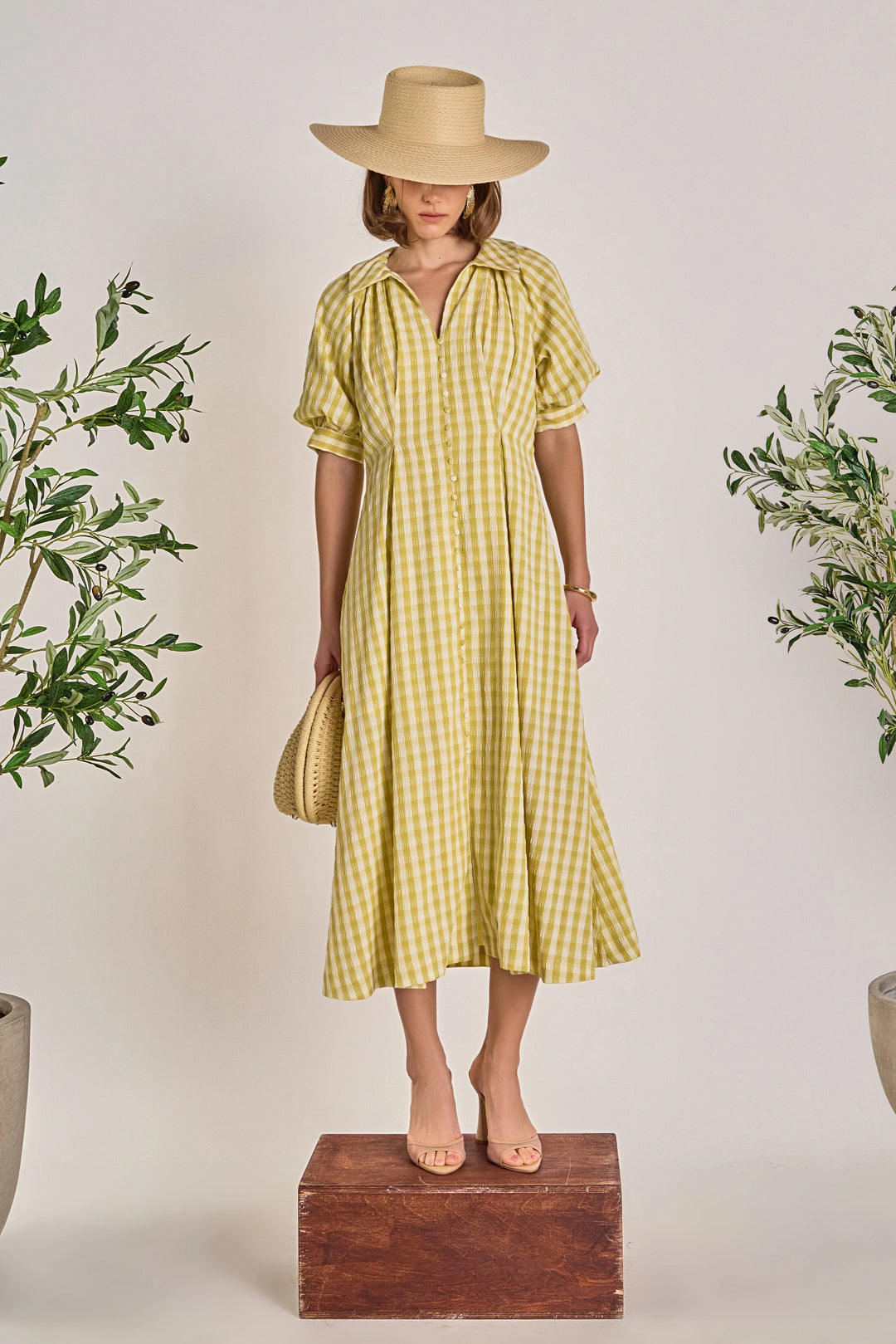 Gingham Puff Sleeve Dress PISTACHIO